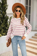 Angel Wings Striped Round Neck Dropped Shoulder Knit Top - Hovatok
