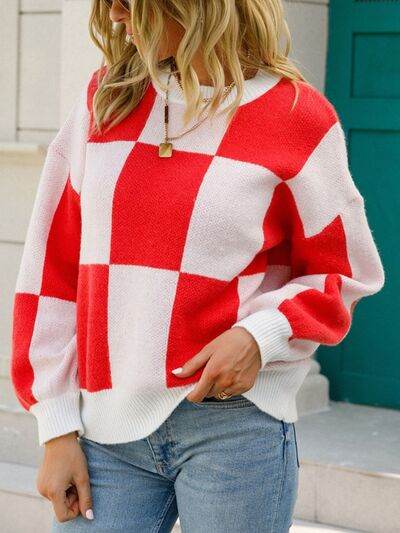 Angel Wings Checkered Round Neck Dropped Shoulder Sweater - Hovatok