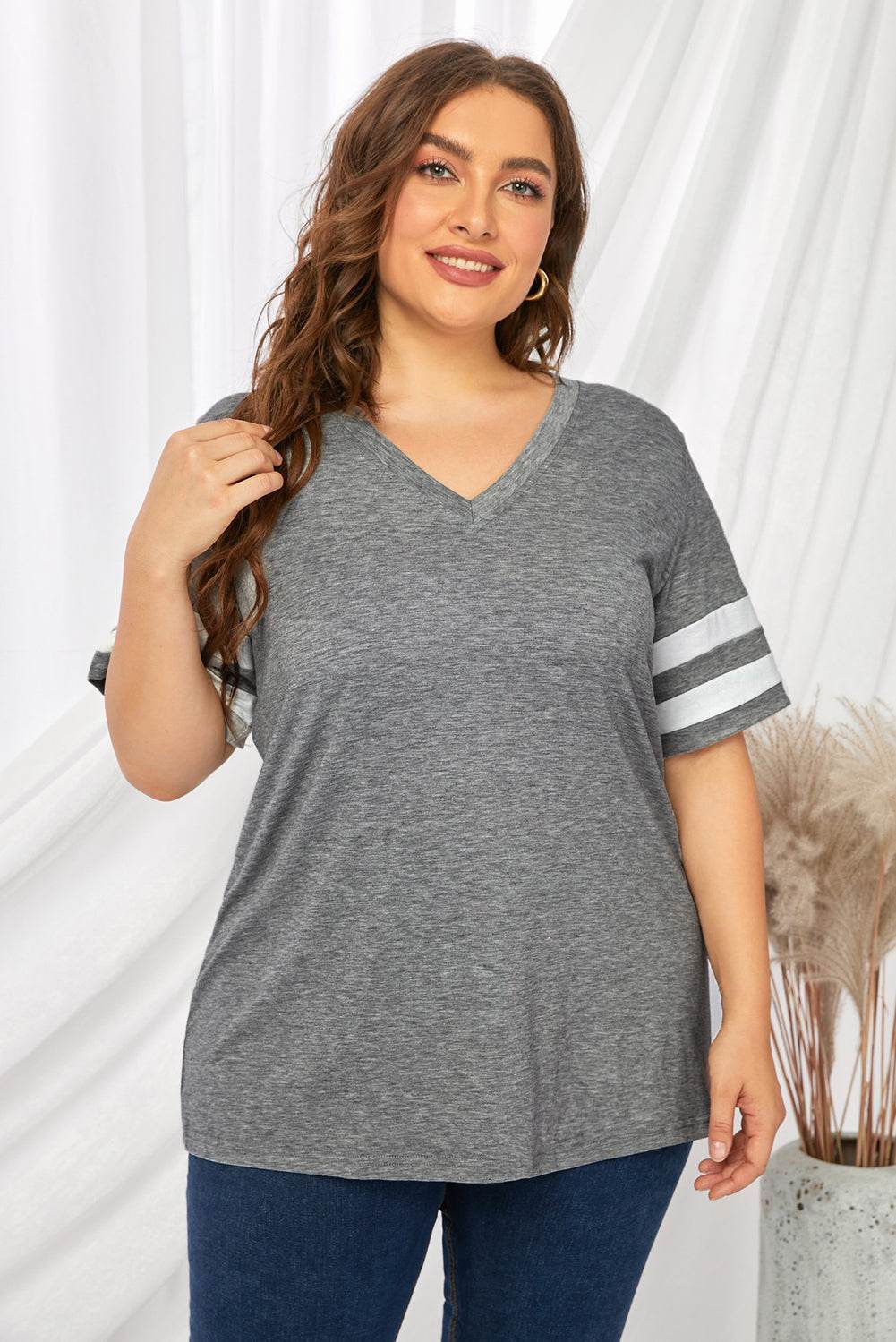 Plus Size Striped V-Neck Tee Shirt - Hovatok