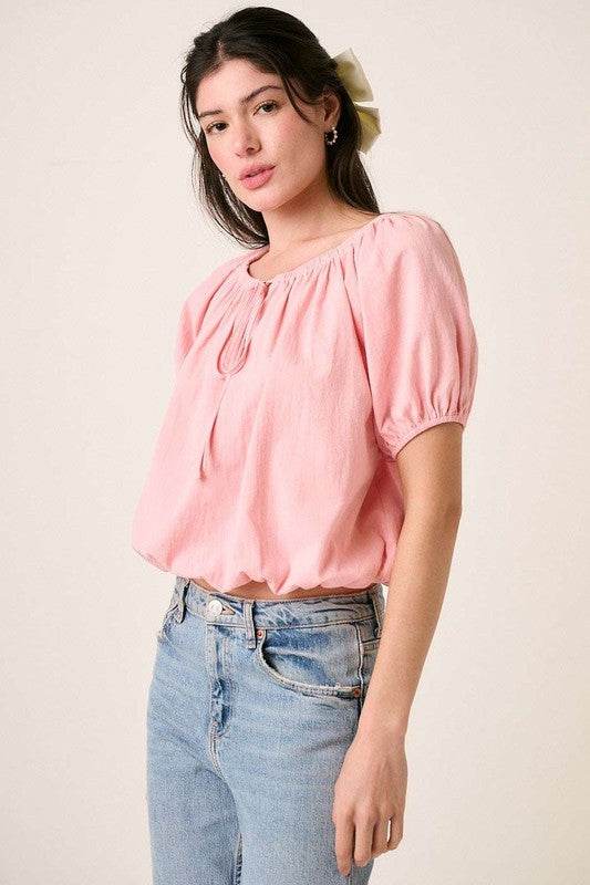 Mittoshop Linen Two-Way Short Sleeve Crop Blouse - Hovatok