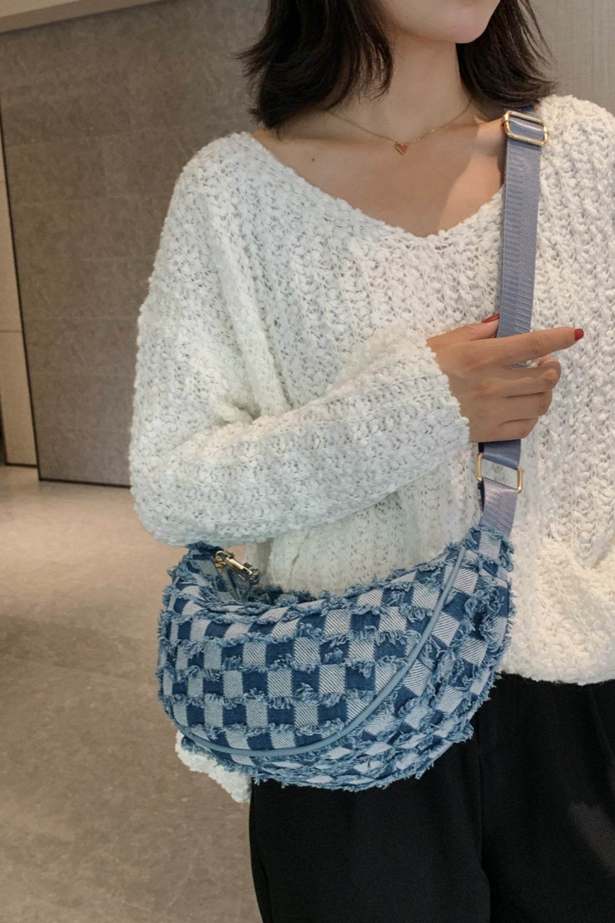 Raw Hem Checkered Denim Crossbody Bag - Hovatok