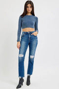 RISEN Full Size High Rise Distressed Crop Straight Jeans - Hovatok