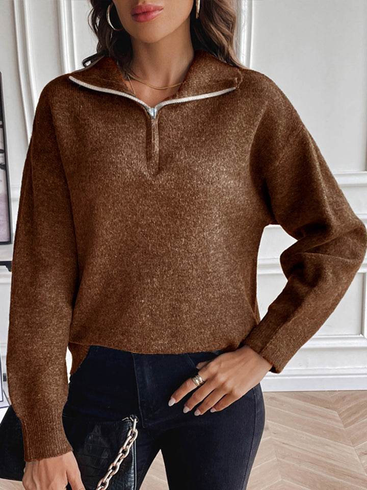 Half Zip Dropped Shoulder Sweater - Hovatok
