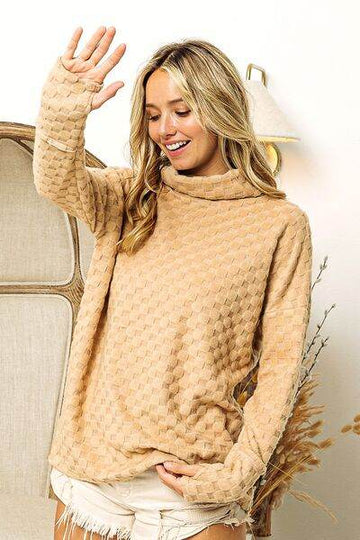 BiBi Checkered Round Neck Thumbhole Long Sleeve Top - Hovatok