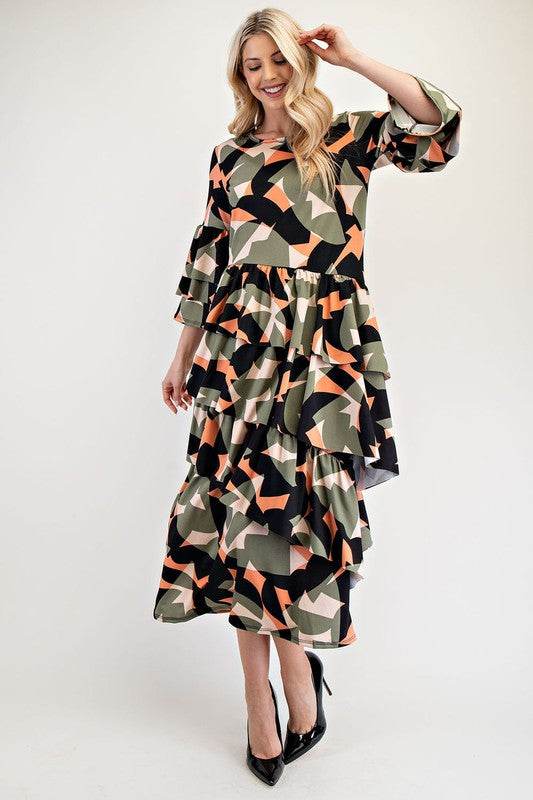 Celeste Full Size Printed Asymmetrical Ruffle Midi Dress Plus Size - Hovatok