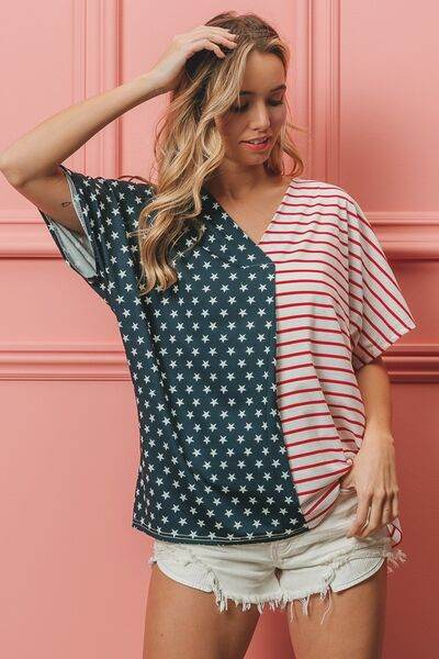 BiBi US Flag Themed Color Block Short Sleeve T-Shirt - Hovatok
