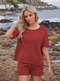 Round Neck Short Sleeve Top and Shorts Sweater Set - Hovatok