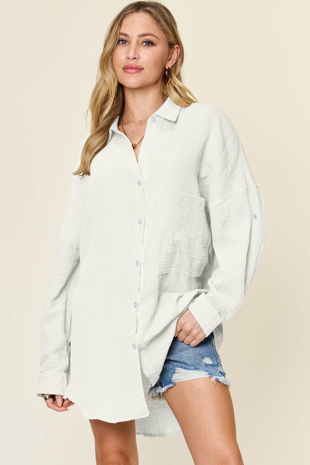 Double Take Full Size Pocketed Texture Button Up Shirt - Hovatok