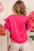 BiBi Ruffle Mesh Lace Layered Short Sleeve Top - Hovatok