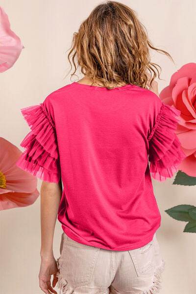 BiBi Ruffle Mesh Lace Layered Short Sleeve Top - Hovatok