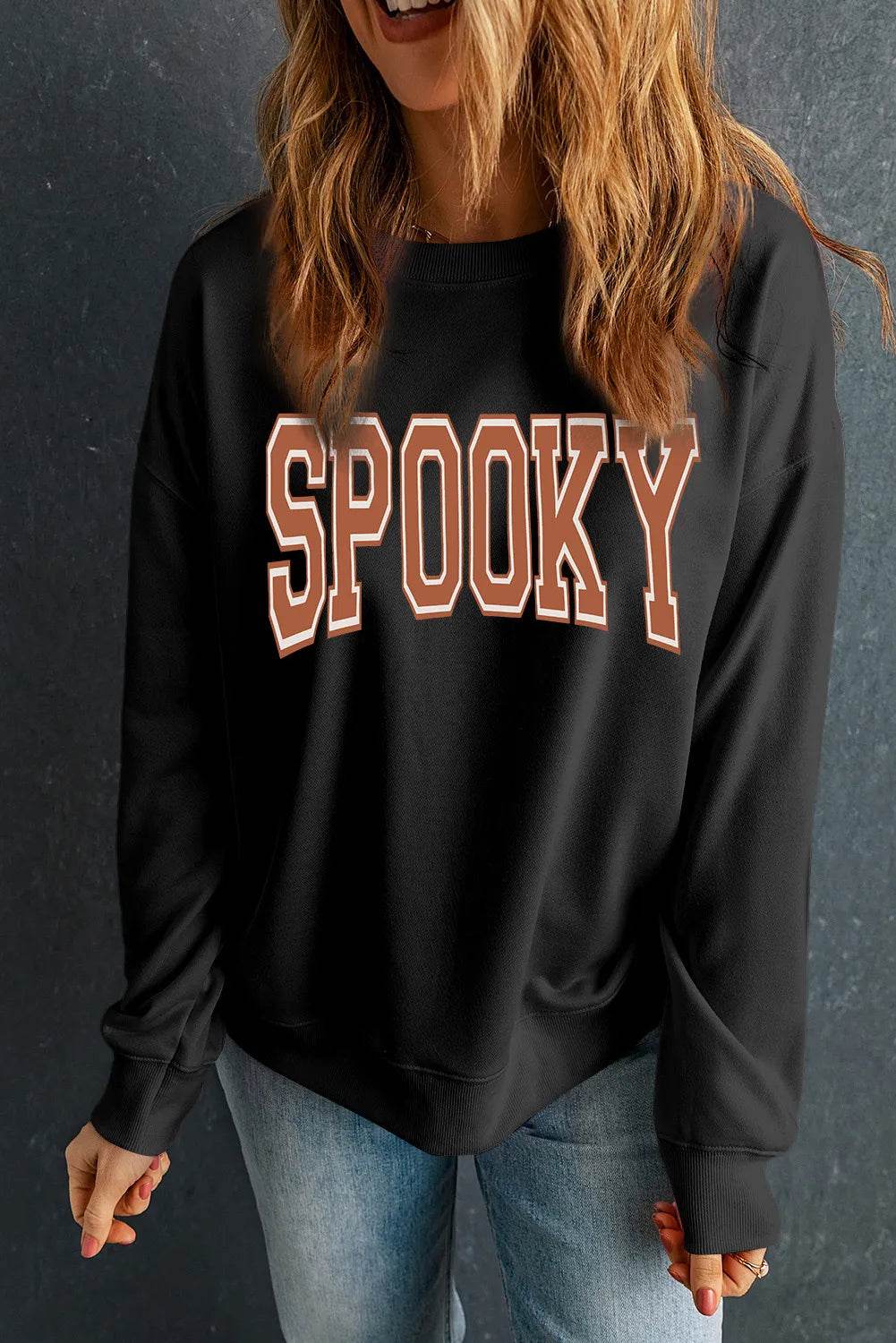 SPOOKY Round Neck Long Sleeve Sweatshirt - Hovatok