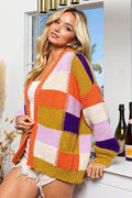 BiBi Checkered Color Block Sweater Cardigan - Hovatok