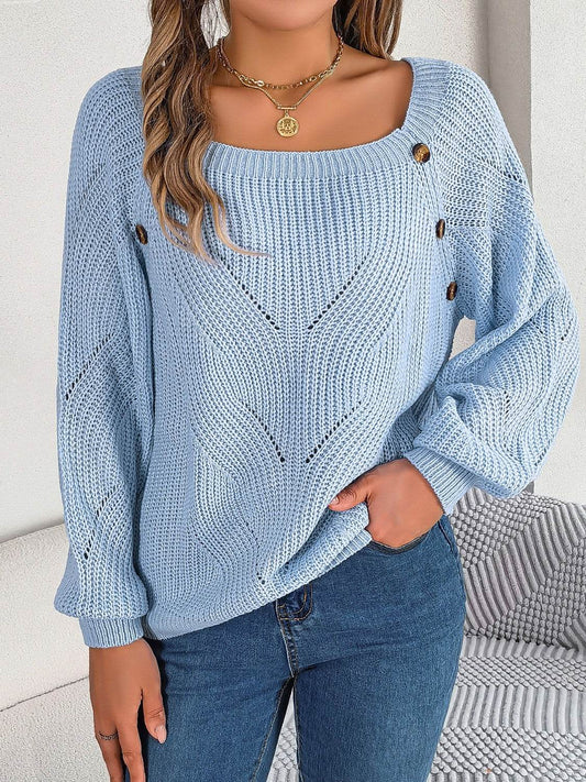 Openwork Buttoned Square Neck Sweater - Hovatok