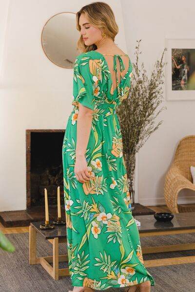 ODDI Full Size Floral Smocked Tied Back Maxi Dress - Hovatok