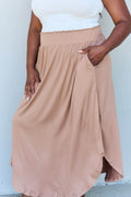 Doublju Comfort Princess Full Size High Waist Scoop Hem Maxi Skirt in Tan - Hovatok