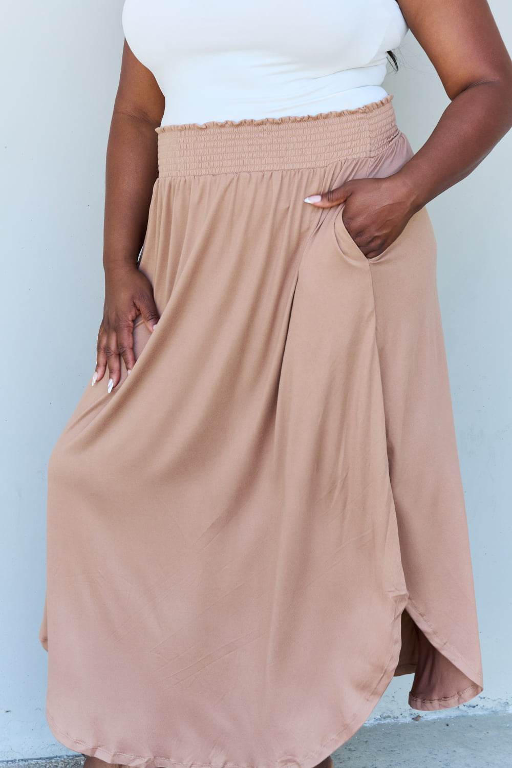 Doublju Comfort Princess Full Size High Waist Scoop Hem Maxi Skirt in Tan - Hovatok