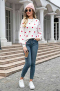 Angel Wings Woven Right Polka Dot Round Neck Dropped Shoulder Sweater - Hovatok