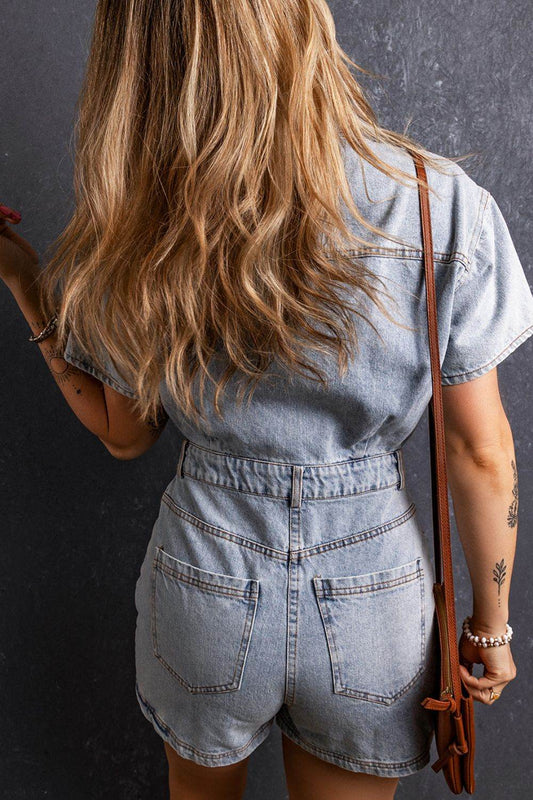Washed Button Down Pocketed Denim Romper - Hovatok