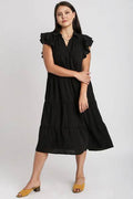 Umgee Full Size Johnny Collar Ruffle Cap Sleeve Tiered Dress Plus Size - Hovatok