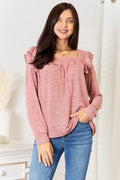 Double Take Square Neck Ruffle Shoulder Long Sleeve T-Shirt - Hovatok