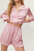 Basic Bae Tied Cuff Collared Neck Top and Frill Shorts Lounge Set - Hovatok