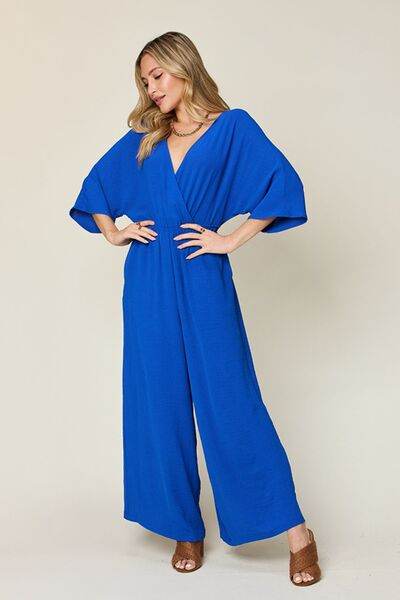 Double Take Full Size Surplice Wide Leg Jumpsuit with Pockets - Hovatok