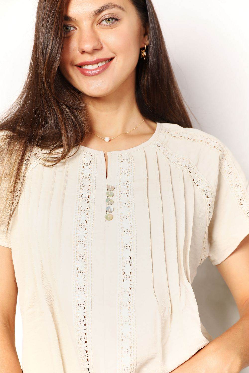 Double Take Crochet Buttoned Short Sleeves Top - Hovatok
