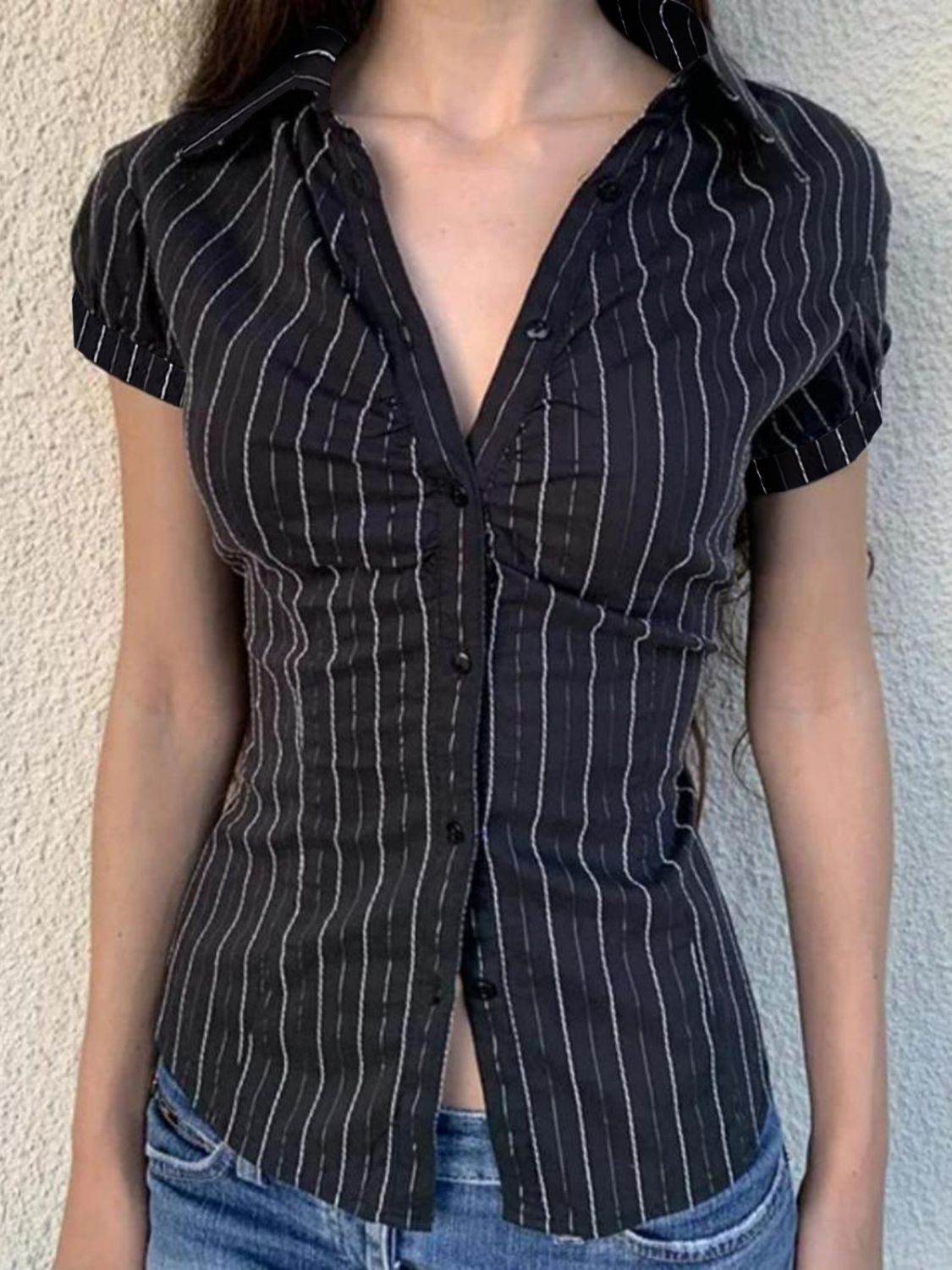 Devine Button Down Striped Collared Neck Short Sleeve Shirt - Hovatok