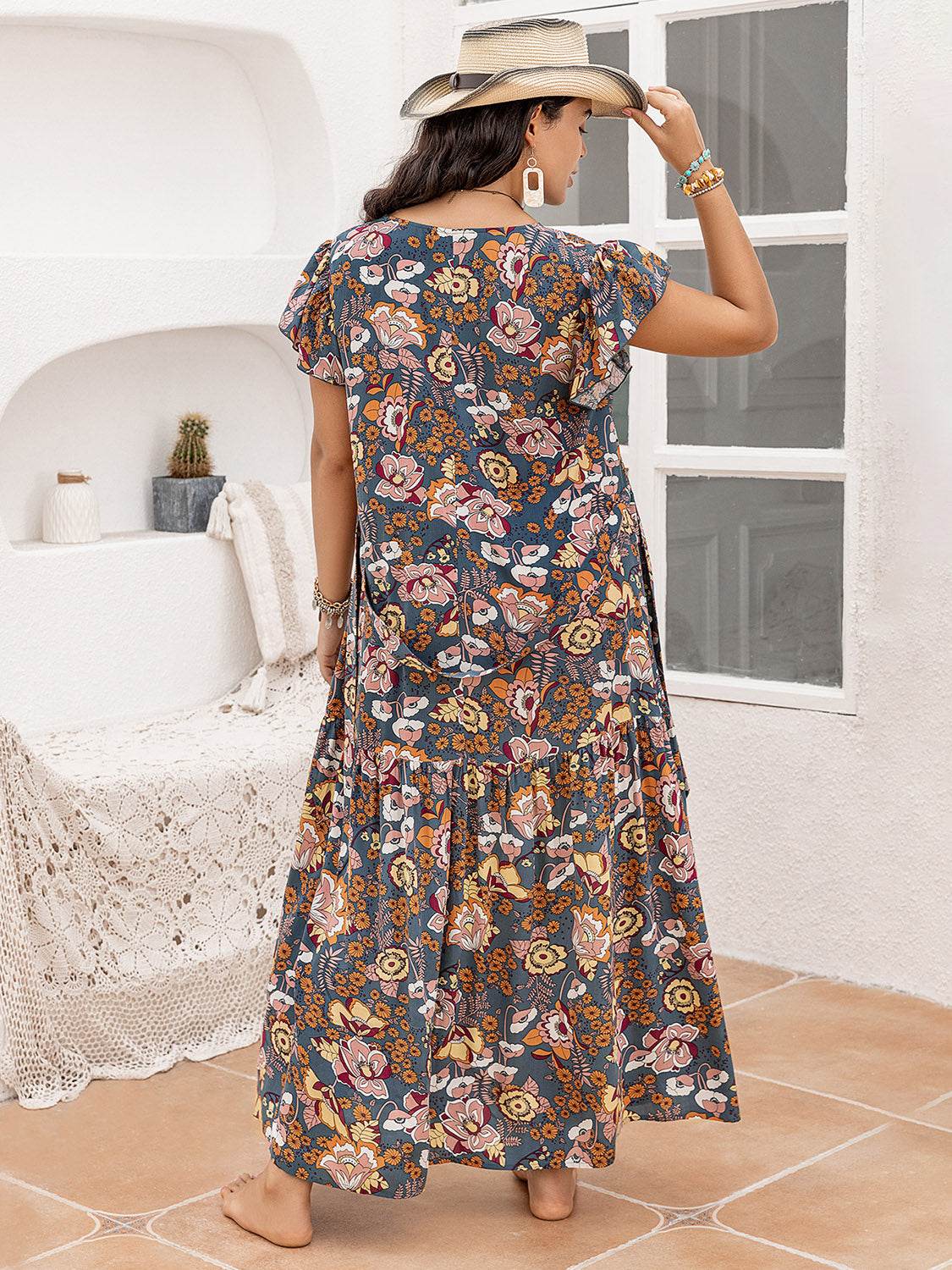 Plus Size Ruffled Printed Cap Sleeve Dress - Hovatok