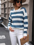 Perfee Striped Round Neck Dropped Shoulder Sweater - Hovatok