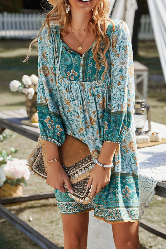 Devine Printed Tie Neck Mini Dress - Hovatok