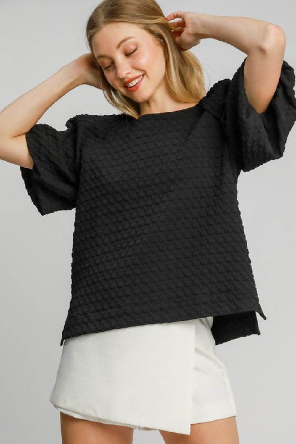 Umgee Full Size Boxy Cut Jacquard Round Neck Top with Side Slit Plus Size - Hovatok