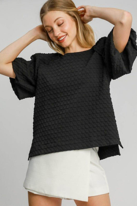 Umgee Full Size Boxy Cut Jacquard Round Neck Top with Side Slit Plus Size - Hovatok