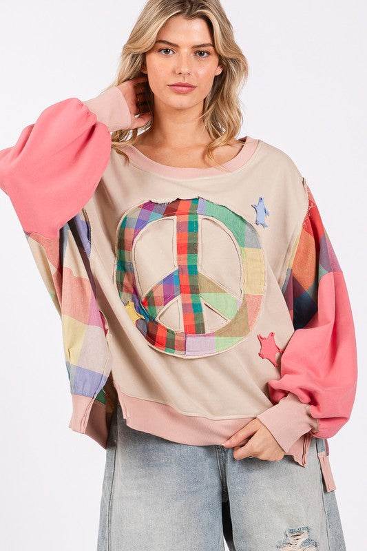 SAGE + FIG Full Size Contrast Peace Patch Dropped Shoulder Sweatshirt - Hovatok