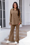 Drawstring Flounce Sleeve Shirt and Pants Set - Hovatok