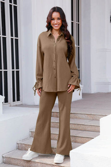 Drawstring Flounce Sleeve Shirt and Pants Set - Hovatok