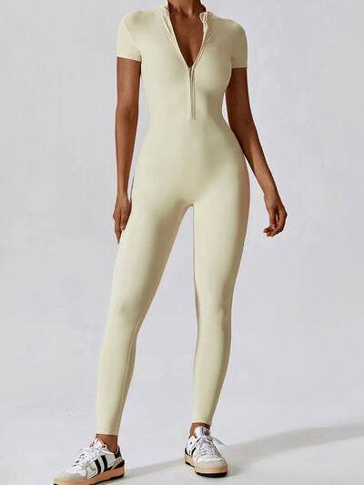 Basic Bae Half Zip Short Sleeve Active Jumpsuit - Hovatok