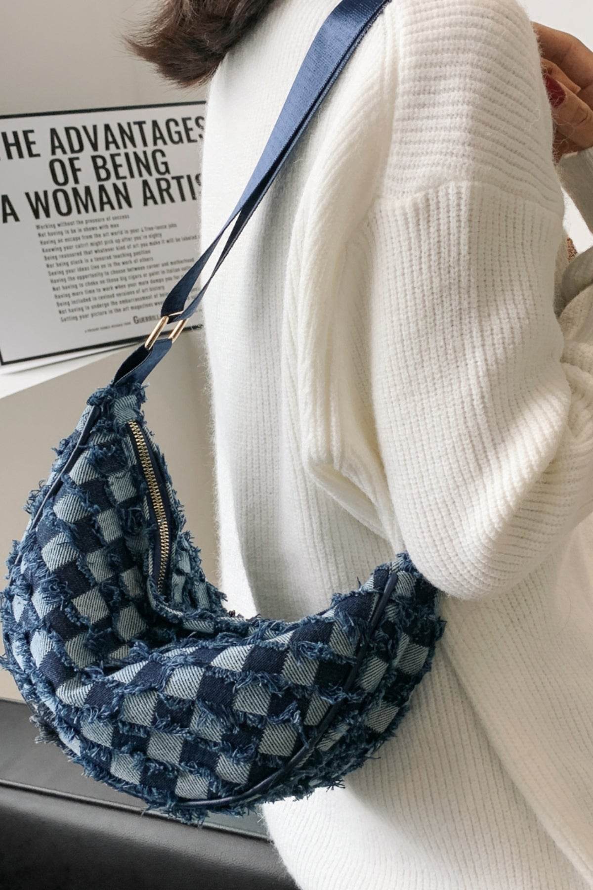 Raw Hem Checkered Denim Crossbody Bag - Hovatok