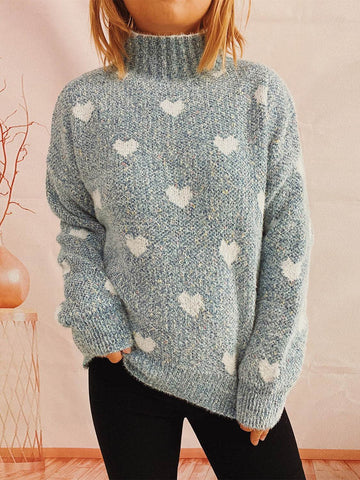 Heart Heathered Turtleneck Drop Shoulder Sweater - Hovatok