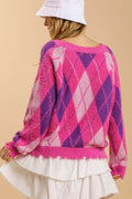 Umgee Full Size Argyle Pattern V-Neck Button Front Cardigan Plus Size - Hovatok