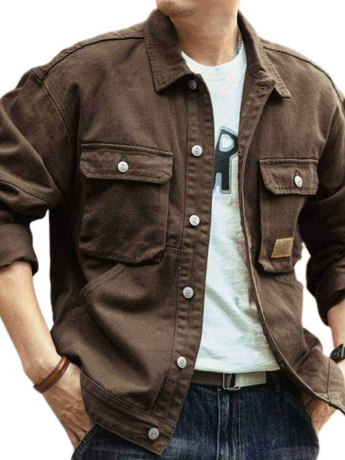 Men's Washed Collared Neck Cargo Jacket - Hovatok