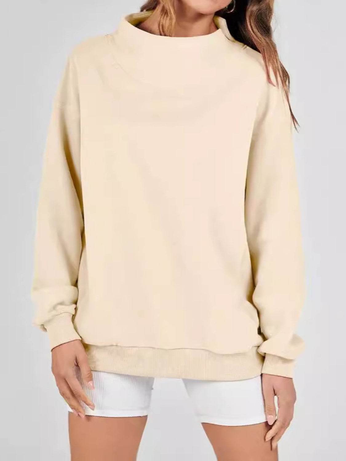 Mock Neck Drop Shoulder Long Sleeve Sweatshirt - Hovatok
