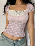 Devine Lace Square Neck Short Sleeve Top - Hovatok