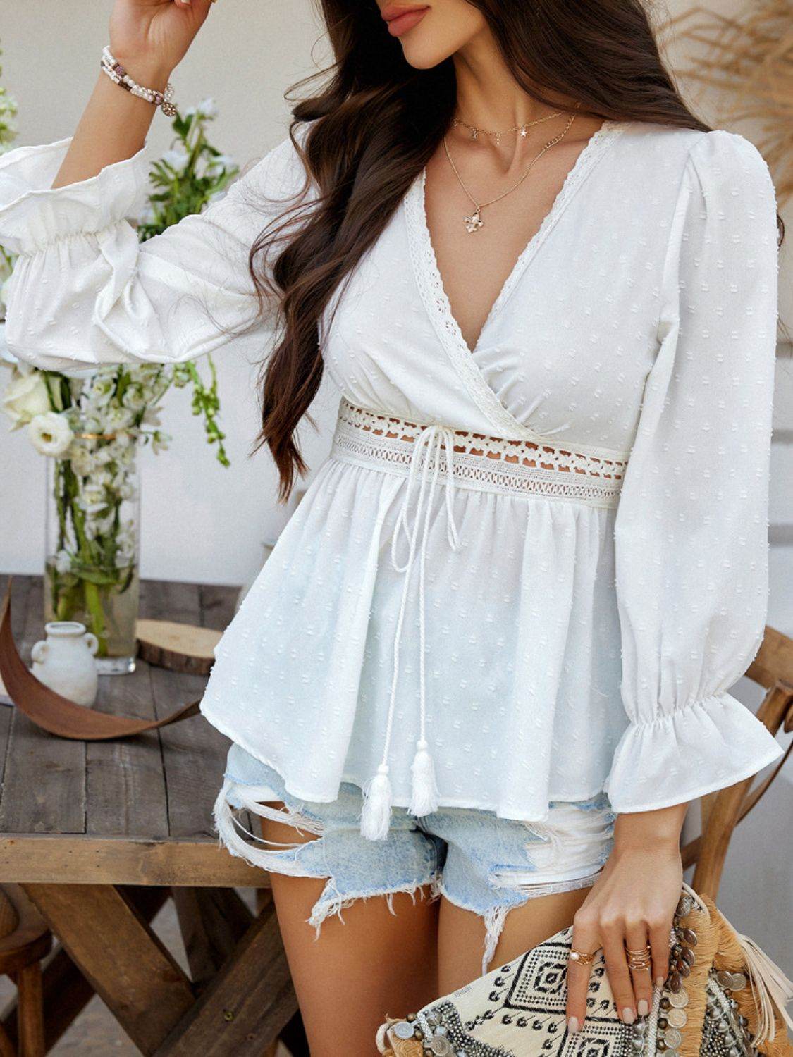 Devine Swiss Dot Lace Detail Surplice Flounce Sleeve Blouse - Hovatok