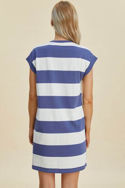 Basic Bae Full Size Striped Round Neck Cap Sleeve Mini Dress - Hovatok