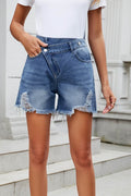 Distressed Raw Hem Asymmetric Waist Denim Shorts - Hovatok