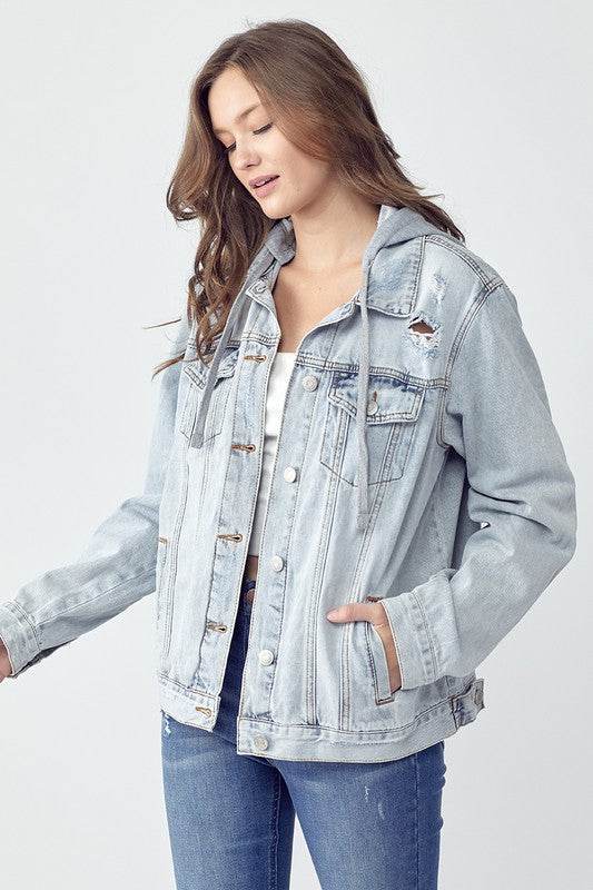 RISEN Full Size Distressed Drawstring Hooded Denim Jacket - Hovatok