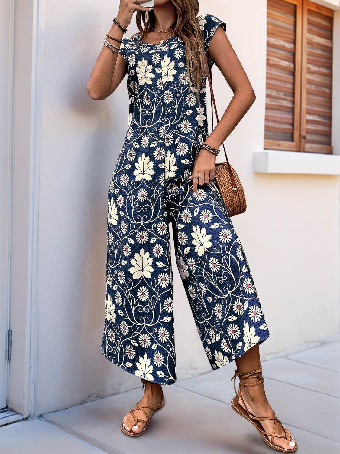 Perfee Printed Round Neck Cap Sleeve Wide Leg Jumpsuit - Hovatok