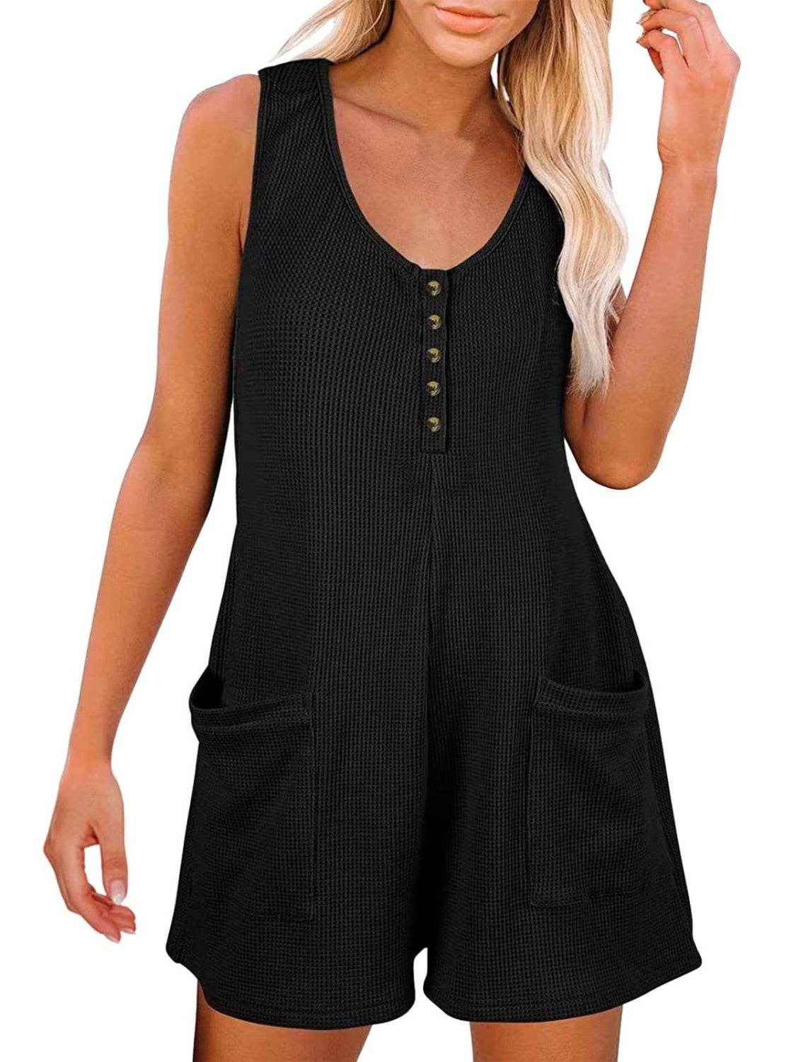 Full Size Pocketed Scoop Neck Sleeveless Romper - Hovatok