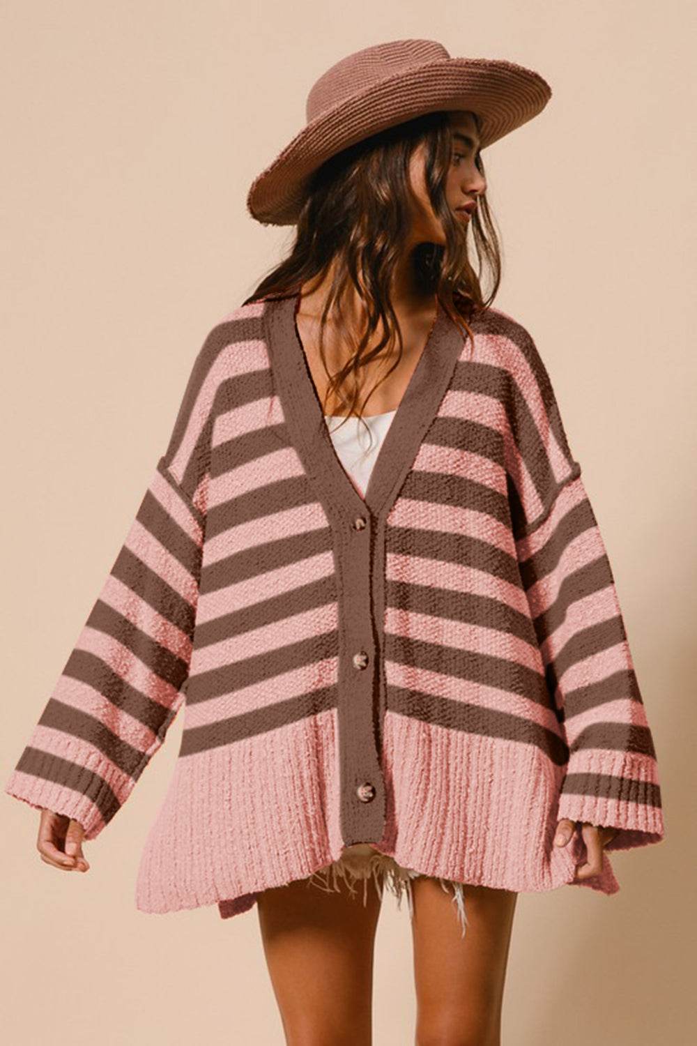 BiBi Slit Striped V-Neck Button Up Cardigan - Hovatok
